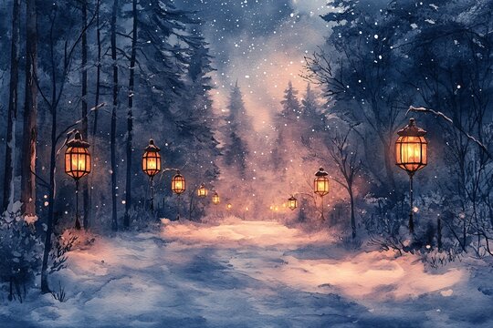 Watercolor Painting of Snow-Laden Forest Path Illuminated by Lanterns, Frosted Tree Branches and Star-Filled Winter Sky