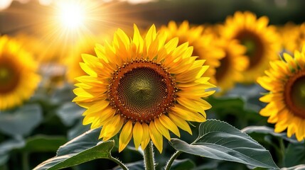 Fototapeta premium A sunflower field bathed in a radiant sunburst, the flowers glowing as they reach toward the sun, nature sunburst, sun-inspired nature