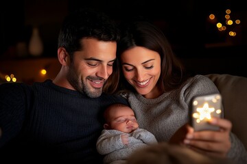 Parents taking a selfie with their newborn, capturing the tender moment at home with a soft, cozy atmosphere