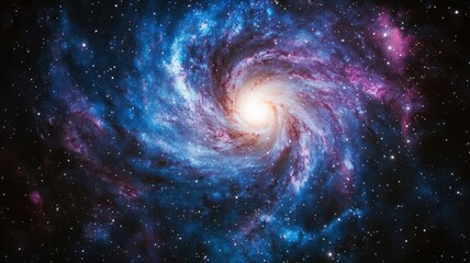 A stunning spiral galaxy featuring vibrant colors of blue and pink against a deep black space background.