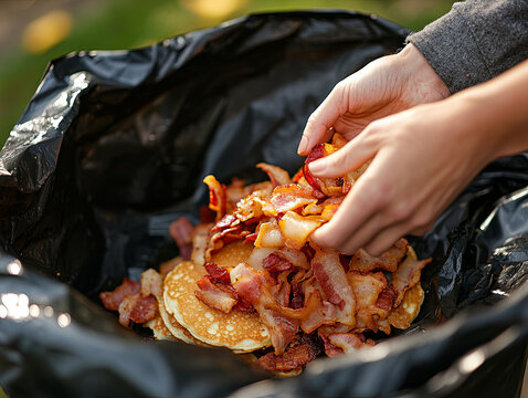 Discarding leftover food can evoke feelings of wastefulness and need for sustainability. This image captures hands discarding mix of pancakes and bacon into trash bag, highlighting food waste - Powered by Adobe