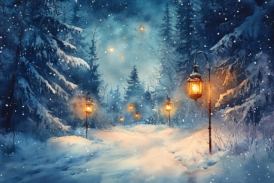 Watercolor Painting of Snow-Laden Forest Path Illuminated by Lanterns, Frosted Tree Branches and Star-Filled Winter Sky