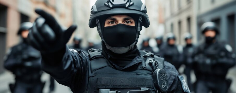 A tactical police officer in uniform stands confidently, engaging with the crowd during a law enforcement operation.
