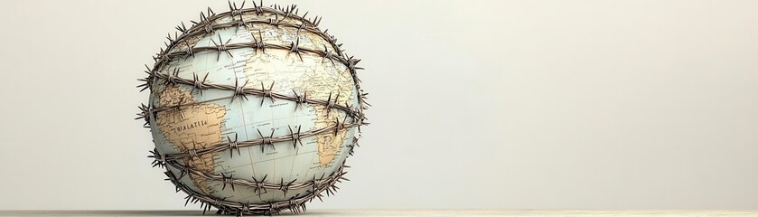 A globe wrapped in barbed wire, representing trade restrictions and importexport challenges, trade barrier, economic limitations