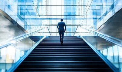 A Businessman Ascending Towards Success in Modern Office Building