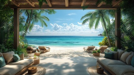 Obraz premium Serene beach view from a cozy, tropical living space.
