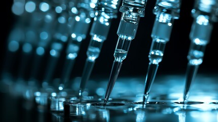 Close-up of laboratory pipettes dispensing liquid samples in a scientific research lab, showcasing precision and advanced technology in biotechnology.