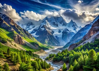 Fototapeta premium The stunning Gangotri Glacier, nestled in the Himalayas, is embraced by towering snow-capped summits and vibrant