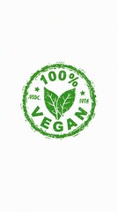 Green 100% vegan stamp with leaf design on white background
