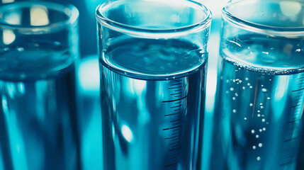 Close-up of laboratory test tubes filled with liquid, highlighting scientific research and experimentation in a blue-toned environment.