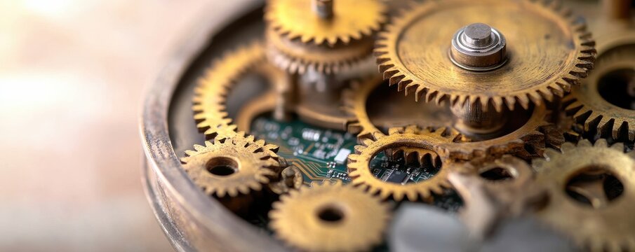 Close-up of intricate clock gears, showcasing the beauty and precision of mechanical craftsmanship in a vintage timepiece.