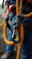 Close-up of workers with safety rope and carabiner in harness