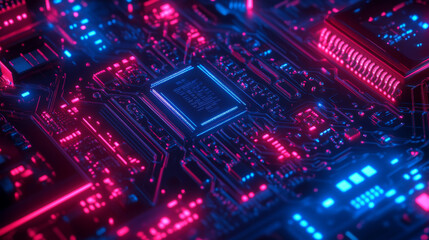 Obraz premium Use a deep black or dark gray background to establish a dramatic base that enhances the neon colors. This will create a striking contrast and immerse the viewer in a high-tech, cyberpunk atmosphere.