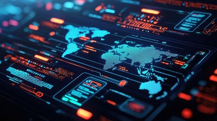 Fototapeta premium Futuristic digital interface with global map and data display.