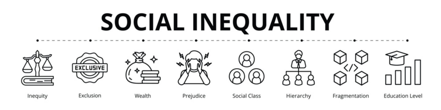 Social Inequality Line Banner Web Icon Set Vector Illustration, Inequity Exclusion Wealth Prejudice Social Class Hierarchy Fragmentation Education Level