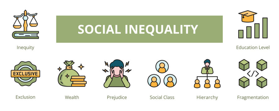 Social Inequality Lineal Color Banner Web Icon Set Vector Illustration, Inequity Exclusion Wealth Prejudice Social Class Hierarchy Fragmentation Education Level