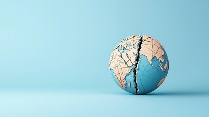 Global economy symbolized by a cracked earth globe split by a steel barrier, trade barrier, economic fragmentation