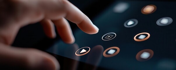 A close-up of a hand navigating a touchscreen with interactive video options, icons glowing as selections are made, interactive video, streaming control