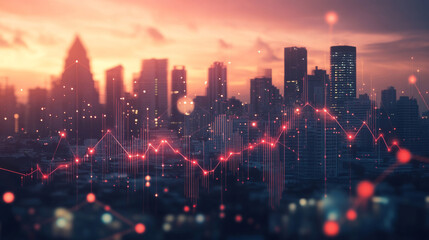 Fototapeta premium Begin with a striking cityscape image of a modern skyline, showcasing iconic buildings and urban elements. Use a twilight or nighttime setting to create a dramatic effect, with lights from buildings a