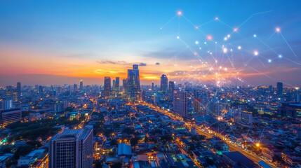 Obraz premium Capture a panoramic view of Bangkok’s skyline during sunset. Use warm hues of orange, pink, and purple to reflect the sunset sky, contrasting beautifully with the silhouettes of the city’s iconic skys