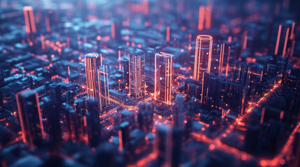 Create a dynamic cityscape blurred in the background to suggest depth and focus on the foreground elements. Use a vibrant urban skyline with skyscrapers, roads, and green spaces, incorporating soft bo