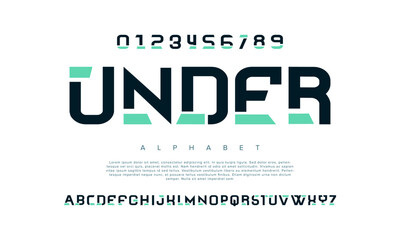 Under creative modern geometric urban alphabet font. Digital abstract futuristic, game, techno, robot, music, logo, sport, minimal technology typography. Simple numeric vector illustration