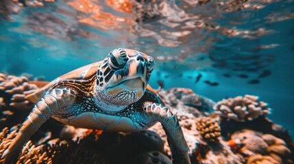 Obraz premium sea turtle swimming underwater in the ocean