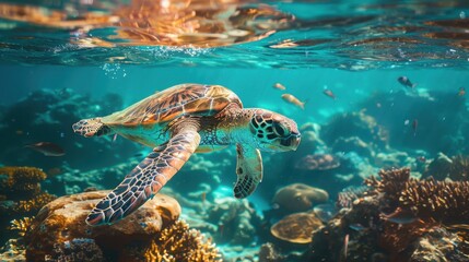 Fototapeta premium sea turtle swimming underwater in the ocean