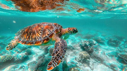 Fototapeta premium sea turtle swimming underwater in the ocean