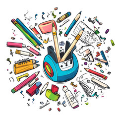stationery in doodle 2D illustrator style, with cartoonish/symbolic elements and a white background.