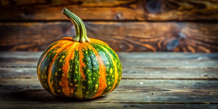This unique calabash gourd sits gracefully atop a weathered wooden surface, highlighting its intriguing natural