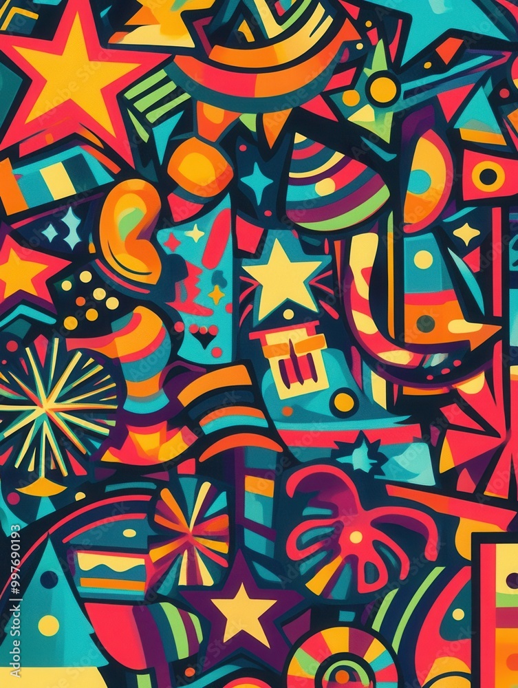 Poster this artwork showcases a lively mix of christmas-themed elements appearing in a colorful, abstract p