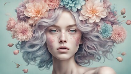 A human portrait blended with flowers, the hair turning into blooming petals, with soft pastel colors &ndash; surreal and artistic, detailed floral textures.