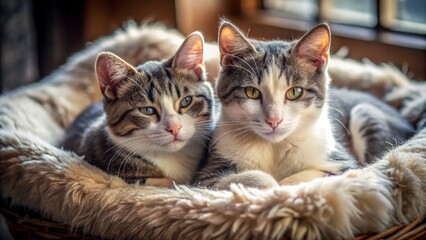 Two playful grey and white cats snuggle together, basking in the warm glow of soft natural light in