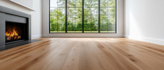 Obraz premium Explore a stunning luxury living room featuring hardwood floors, a cozy fireplace, and large windows that frame a beautiful outdoor view. Perfect for modern home design.