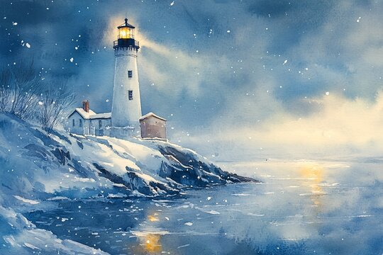 Watercolor Painting of Solitary Lighthouse on Snowy Bluff: Beam Cutting Through Gentle Snowfall over Calm, Icy Waters
