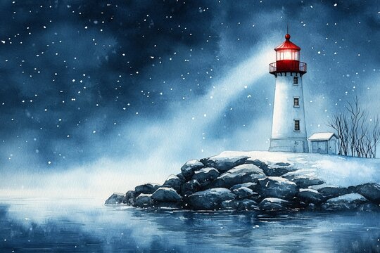 Watercolor Painting of Solitary Lighthouse on Snowy Bluff: Beam Cutting Through Gentle Snowfall over Calm, Icy Waters
