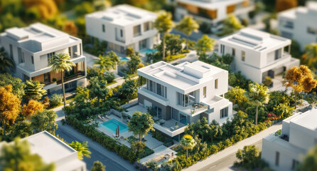 Fototapeta premium A modern and minimalistic real estate miniature model of white buildings with windows, swimming pools, plants, and trees, surrounded by other houses