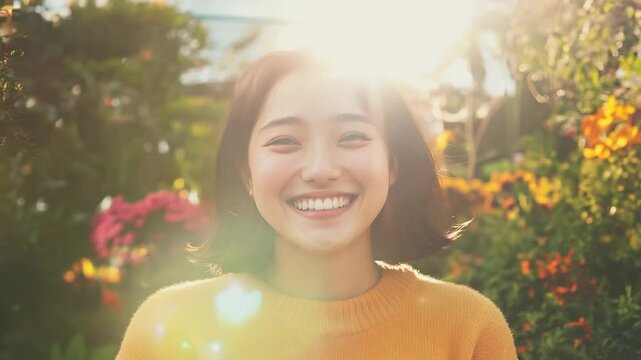 Happy Asian woman smiling, dressed in yellow sweater, joy.