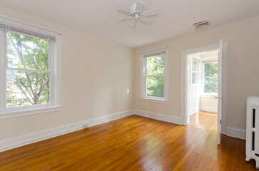 Bright Room With Wooden Floor And White Walls, Sunny Day