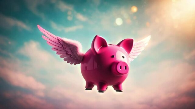 Pink piggy bank with wings flying in the sky.