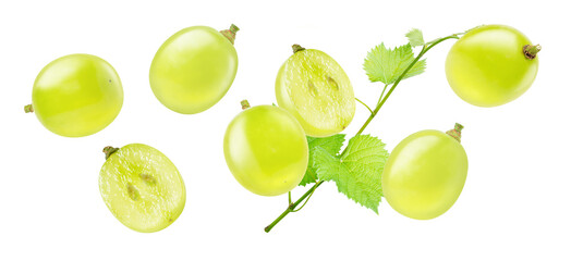 Green grapes with leaf on white background