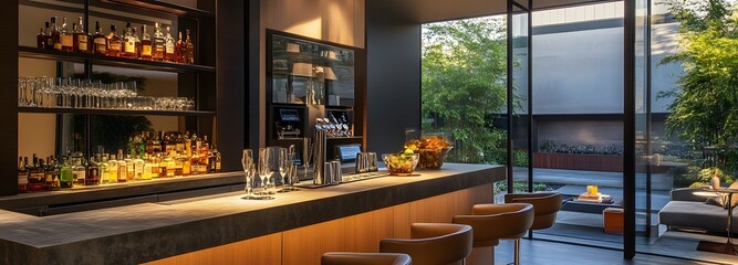 Fototapeta premium 22. A sophisticated home bar with high stools, a sleek counter, and elegant glassware
