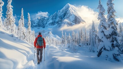 Fototapeta premium A hiker traverses a snowy landscape with majestic mountains ahead.