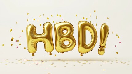 Gold HBD Balloon Letters With Falling Confetti for Birthday Celebrations and Party Decor on a White Background