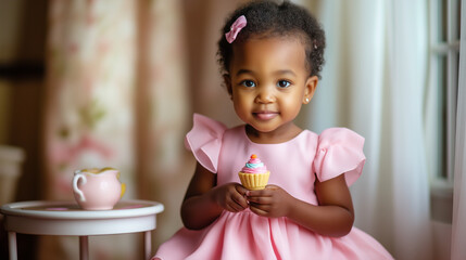 A happy little African American girl holds a scrumptious cupcake while seated at a small table, wearing a lovely pink dress in a cozy, sunlit room, copy space