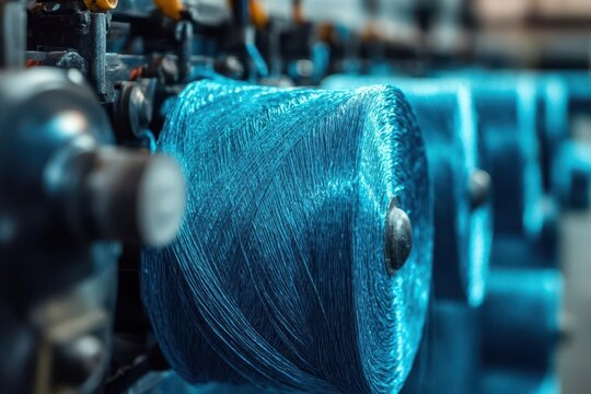 Recycled ocean plastic transformed into fabric, vivid blue strands being spun into thread, recycled fabric, ocean waste sustainability
