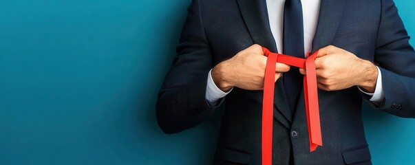 A businessman with hands tied by red tape standing in front of closed international borders, trade barrier, bureaucratic restrictions