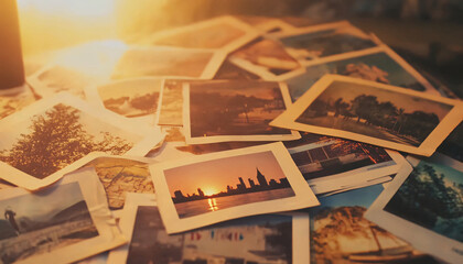 A collection of Polaroid photos scattered on a table, showcasing travel memories, sunsets, and urban scenes for a nostalgic vibe