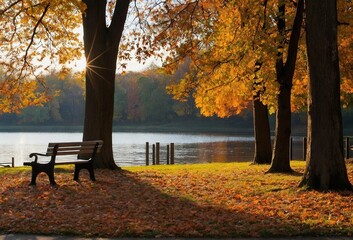 Vibrant autumn foliage in a serene park setting, perfect for seasonal promotions or nature-themed projects.
